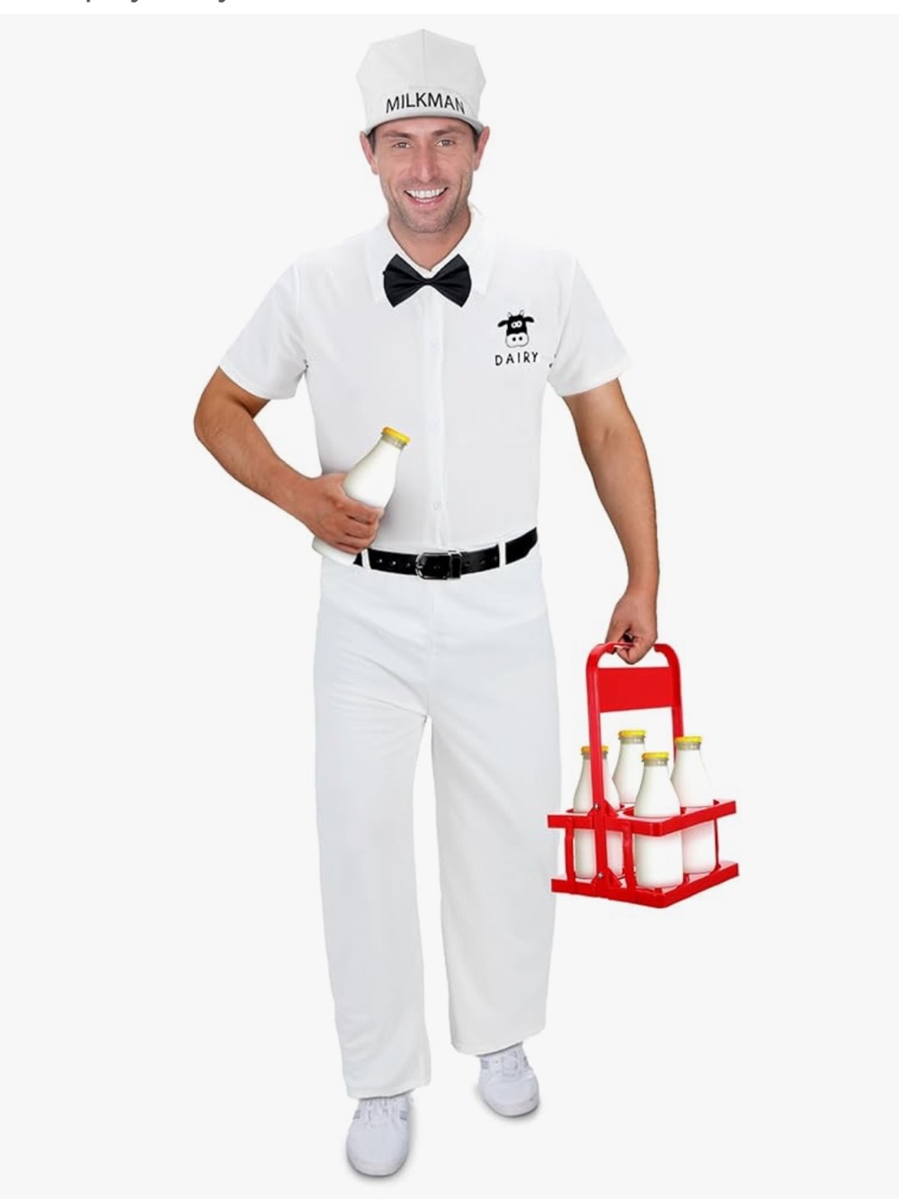 Milkman 1950s Costume Uniform with Belt, Bow Tie and Milk Carrier